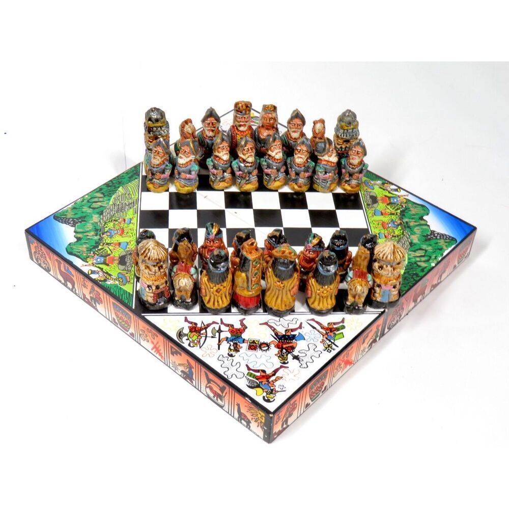 Handcrafted Wooden Peruvian Chess Set   Portable Aztecs Mayans Incas vs Spanish